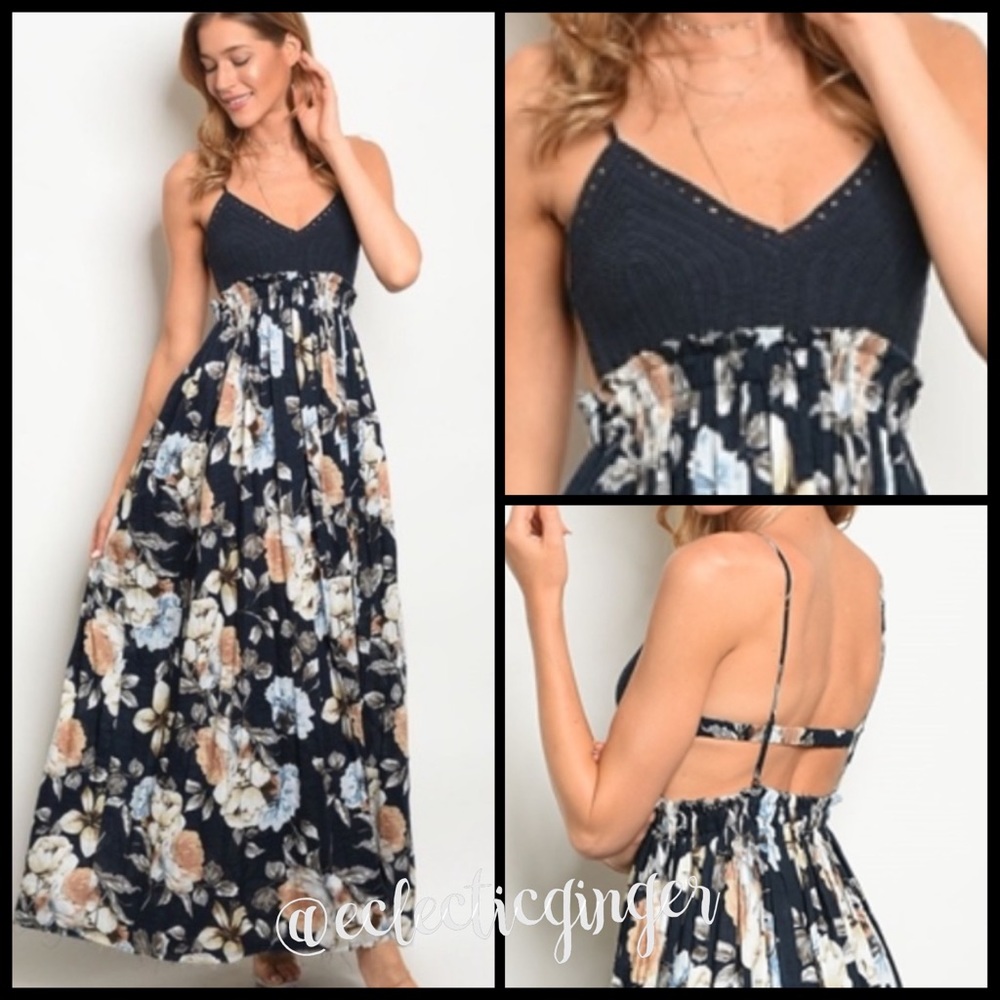 Navy blue crochet and floral empire waist spaghetti strap maxi dress S M